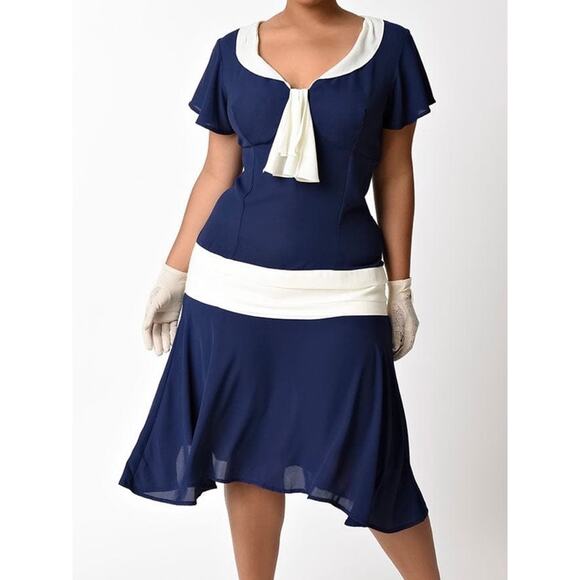Unique Vintage 1920s Navy & Cream Wilshire Flapper Day Dress 5X 26 NWOT - Picture 1 of 6
